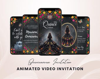 Mexican Floral Quinceañera Invitation Video, Editable Canva Template, Black Theme