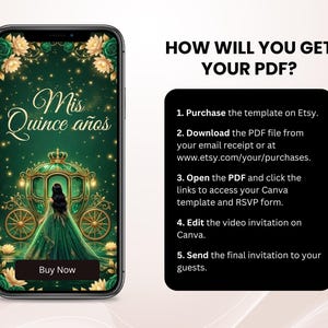 May include: A smartphone displays a digital invitation for a quincea&ntilde;era, featuring a green gown, a carriage, and the text "Mis Quince a&ntilde;os." Instructions on how to get the PDF are also shown.