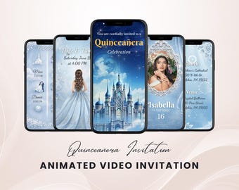 Icy Blue Royal Palace Quinceañera Video Invitation Template, Sweet 16 Canva Quinceanera RSVP