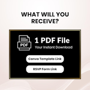 May include: A black and gold graphic with the text "WHAT WILL YOU RECEIVE?" and a list of items. The list includes "1 PDF File" and links to a Canva template and an RSVP form.