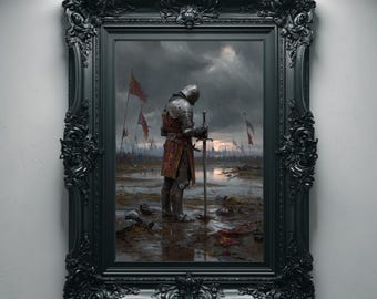 戦争で荒廃した騎士の戦場、ダークな油絵のプリントウォールアート、ゴシック中世の戦士のプリント