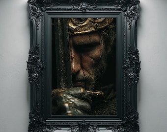 Wounded Medieval King Gothic Wall Art, Dark Fantasy Warrior Portrait, King Sword Printable Decor