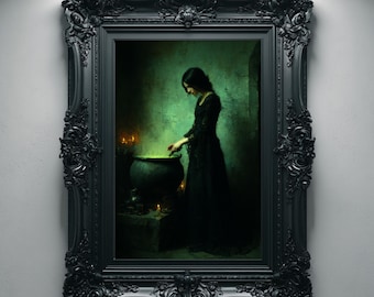Cauldron Witch Gothic Wall Art, Occult Ritual Print, Witchcraft Decor, Moody Dark Fantasy Painting