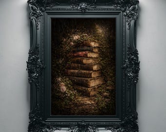 Antique Book Stack In Wild Roses, Gothic Oil Painting Printable Wall Art, Dark Cottagecore