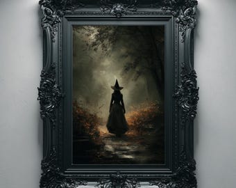 Heksenbos silhouet, donkere cottagecore-olieverfschilderijstijl afdrukbare muurkunst, gotisch halloweendecor