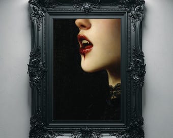 Viktorianischer Vampirbiss Nahaufnahme, Gothic Ölgemälde druckbare Wandkunst, dunkle Romantik Halloween-Dekor