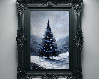 Gothic Christmas Tree Art Print, Moody Winter Forest Painting, Dark Holiday Wall Decor, Whimsigoth