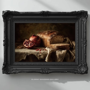 Puede incluir: Una impresión enmarcada de naturaleza muerta con pan, pan en rodajas y una granada. El pan es marrón y texturizado, y la granada es de color rojo intenso. La impresión está en un marco negro adornado.