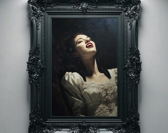 Victorian Vampire Beauty Portrait, Gothic Oil Painting Printable Wall Art, Dark Romance Decor Print
