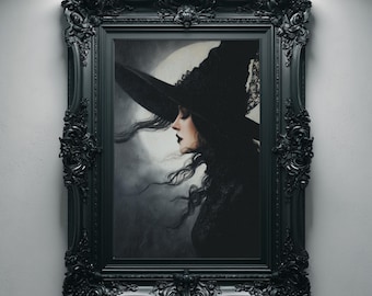 Moonlit Witch Portrait Wall Art Printable, Moody Gothic Painting, Dark Academia Halloween Decor