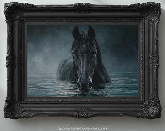 Moody Black Horse Art Print, Dark Academia Equestrian Painting, Gothic Printable Wall Art, Whimsigoth