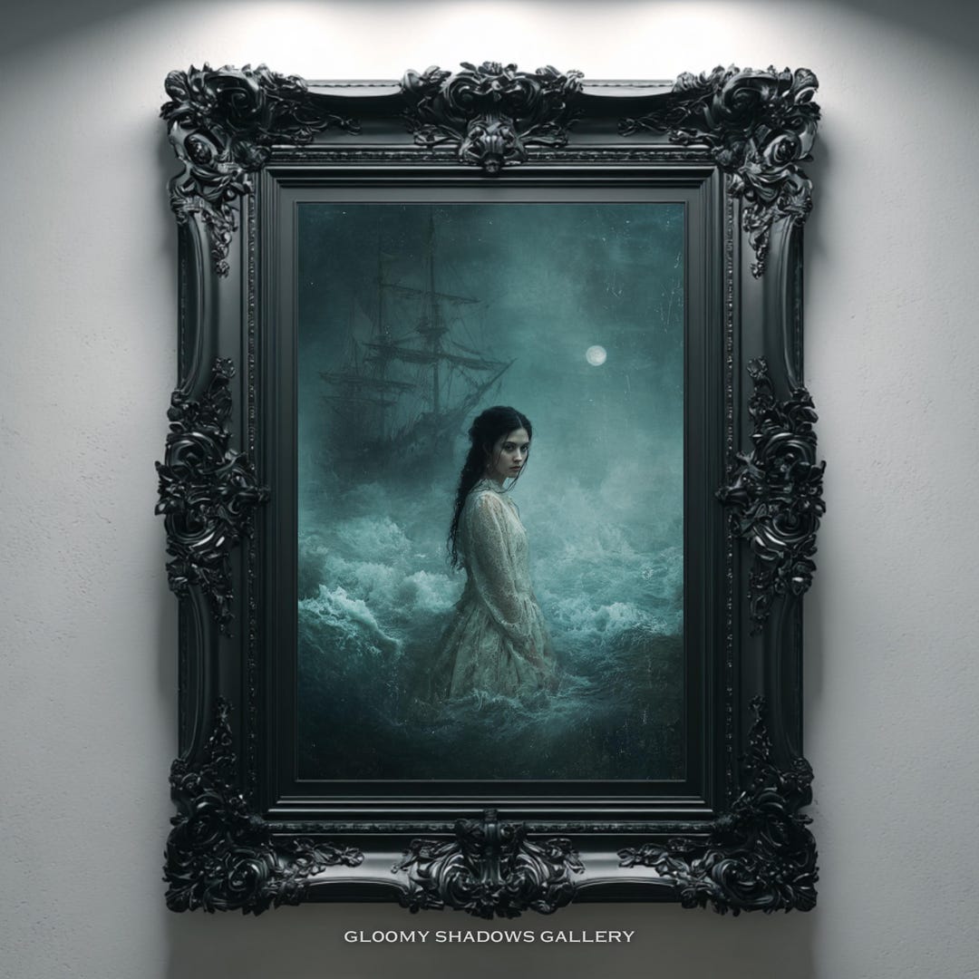 Gothic Wall Art Printable, Ghostly Sea Witch Portrait With Phantom Ship