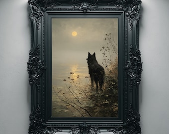 Wolf Mond Wand Kunst Print, Gothic Mondlandschaft Dekor, druckbare Ölgemälde (digitaler Download)