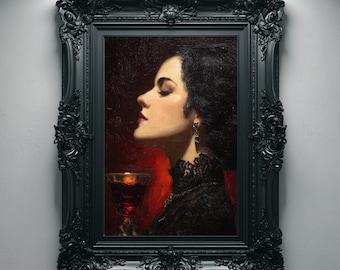 Gothic Vampire Woman Print, Dark Victorian Portrait Oil Painting Wall Art, Digital Download