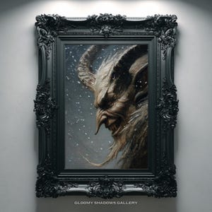 May include: A framed painting of a horned, demonic figure with a menacing expression. The artwork is set against a snowy backdrop and is enclosed in an ornate, black frame. The text "GLOOMY SHADOWS GALLERY" is at the bottom.