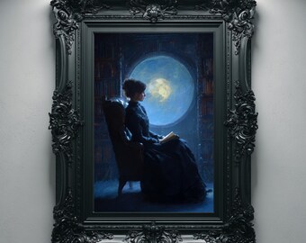 Moonlit Library Gothic Wall Art, Reading Woman Print, Dark Academia Decor, Bookish Night Painting