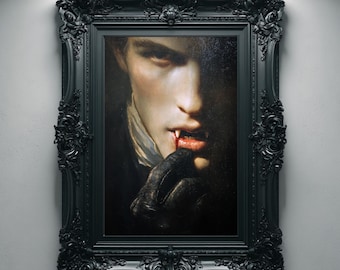 Vampire Portrait Dark Gothic Victorian Oil Painting, Moody Cinematic Printable Wall Art, Digital Download