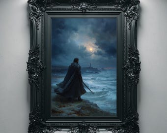 Moonlit Knight By Stormy Sea, Gothic Oil Painting Printable Wall Art, Medieval Dark Drama