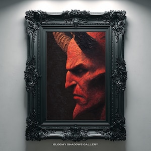 May include: A framed portrait of a red-skinned demonic figure in profile, set against a dark background. The artwork is displayed in an ornate black frame. The text "GLOOMY SHADOWS GALLERY" is at the bottom.