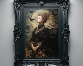 Victorian Gothic Portrait, Oil Painting Printable Wall Art, Moonlit Bat Swarm, Vintage Style Decor