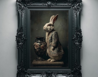 Victorian Rabbit Gothic Wall Art, Regal Animal Portrait Print, Dark Cottagecore Decor, Moody Painting
