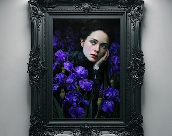 Melancholic Victorian Woman Among Purple Irises, Gothic Oil Painting Printable Wall Art, Dark Romance