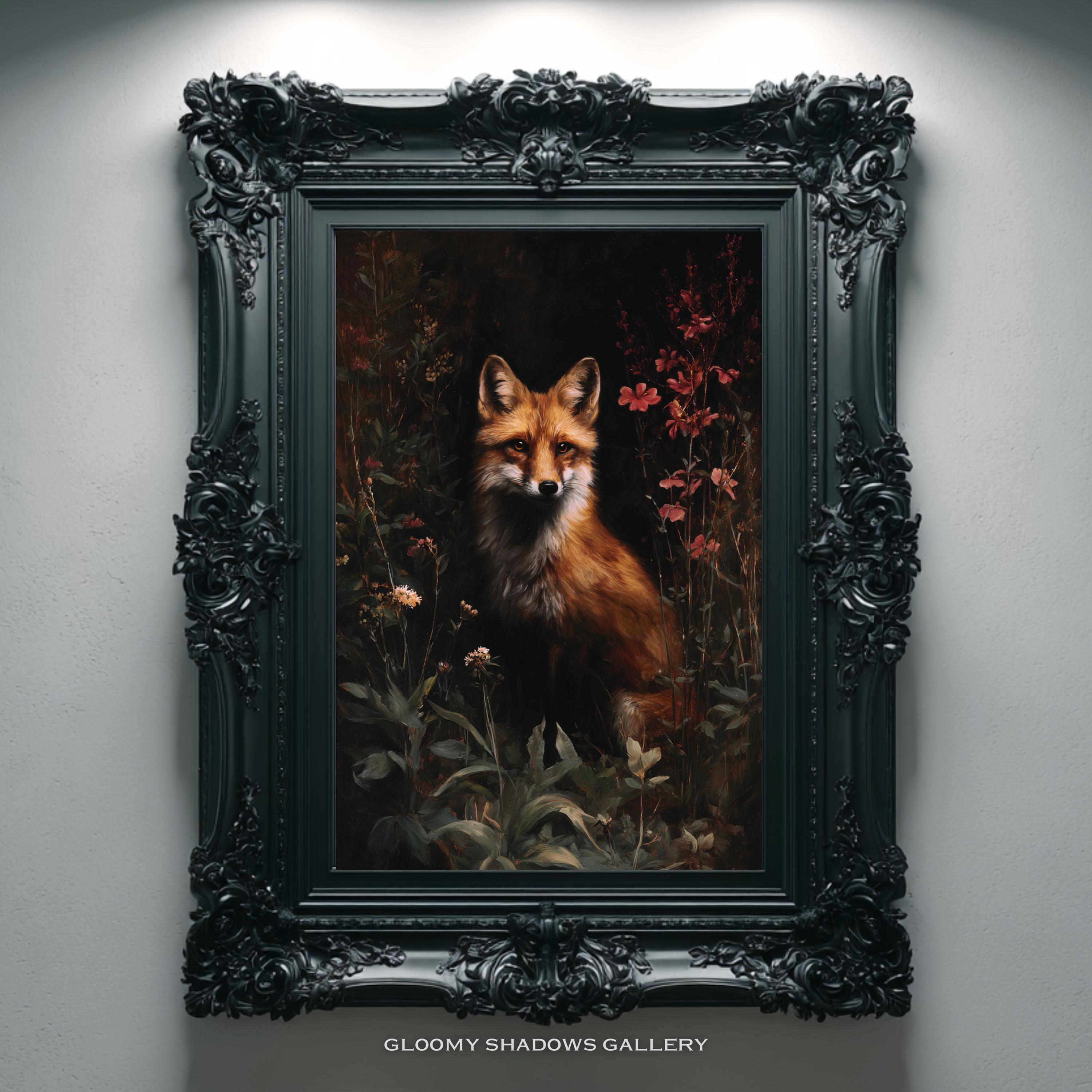 Midnight Garden Fox Wall Art, Gothic Forest Animal Oil Painting Print ...