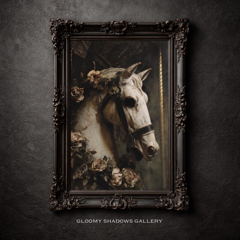 Gothic Carousel Horse Art Print, Dark Fantasy Macabre Wall Decor ...