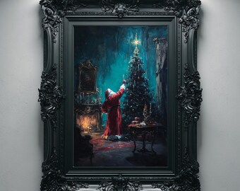 Midnight Santa Christmas Tree Print, Gothic Oil Painting Wall Art Decor, Printable Digital Download