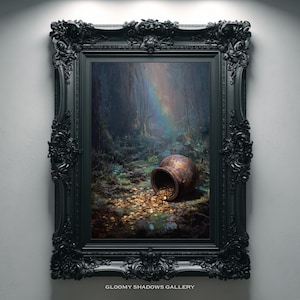 May include: A framed artwork featuring a forest scene with a rainbow and a pot of gold. The ornate black frame surrounds the painting, which depicts a path of gold coins leading from the pot. The text "GLOOMY SHADOWS GALLERY" is at the bottom.