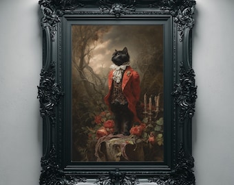 Arte de gato negro de Whimsigoth, decoración de Dark Academia, retrato victoriano de animal, imprimible gótico