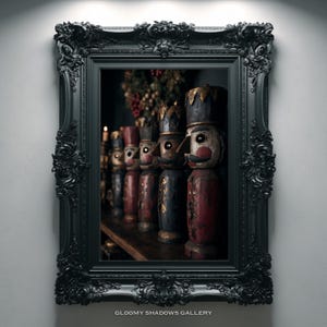 Gothic Nutcracker Guard, Vintage Christmas Toy Art Print, Moody Dark Holiday Wall Art