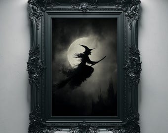 Fliegen Hexe Silhouette Wand Kunst zum ausdrucken, Stimmungsvolle Gothik Mondmalerei, Dark Academia Halloween Dekor