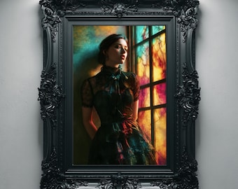 Stained Glass Gothic Wall Art, Cathedral Woman Portrait, Dark Academia Decor, Jewel Tone Painting