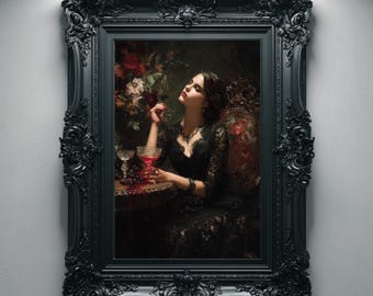 Vampire Woman Portrait Print, Dark Romantic Victorian Painting, Whimsigoth Printable Wall Art, Goth Decor