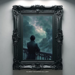 Puede incluir: Una obra de arte enmarcada en un marco negro ornamentado, que representa a una persona mirando un castillo en un paisaje dramático y nublado. El texto "GLOOMY SHADOWS GALLERY" está en la parte inferior del marco.
