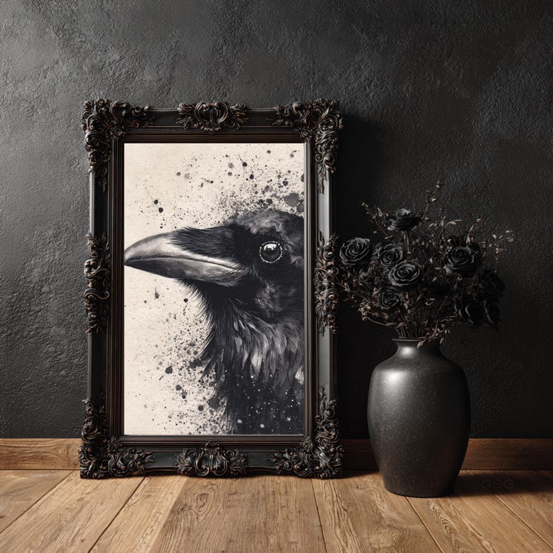 Raven Watercolor Print, Gothic Bird Portrait, Ink Splatter Art, Dark ...