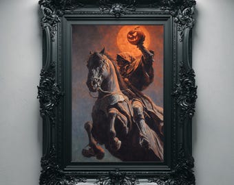Headless Horseman Gothic Wall Art, Mounted Rider Halloween Print, Vintage Horror Decor, Moody Painting