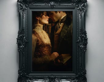 May include: A framed artwork featuring a couple in a romantic embrace. The painting, set in a library, depicts a man and woman in period attire. The ornate black frame adds a touch of elegance. The text "GLOOMY SHADOWS GALLERY" is at the bottom.