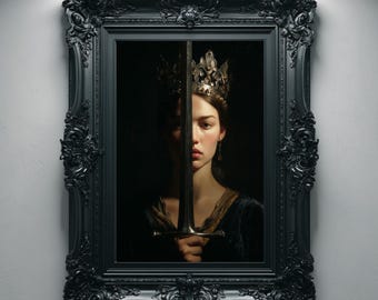 Gekrönte Königin mit Schwert Porträt, Gothic Ölgemälde druckbare Wandkunst, dunkles königliches Dekor
