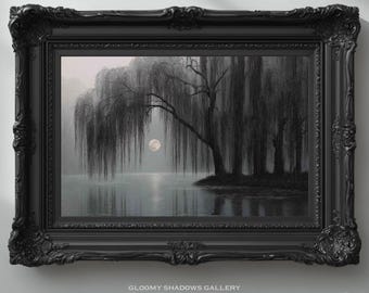 May include: A framed landscape painting featuring a weeping willow tree over a body of water, with a full moon in the background. The artwork is in a black ornate frame. The text "GLOOMY SHADOWS GALLERY" is at the bottom.