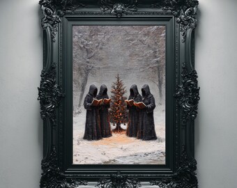 Moody Christmas Carolers Art Print, Dark Winter Forest Painting, Gothic Printable Wall Art, Whimsigoth