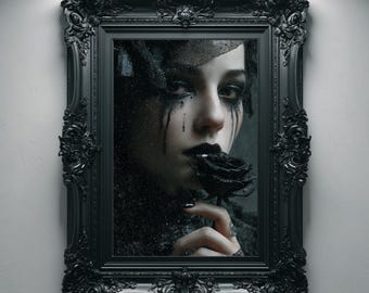 May include: A framed portrait featuring a woman with dark makeup and a black rose. The ornate black frame surrounds the image, which has the text "GLOOMY SHADOWS GALLERY" at the bottom.