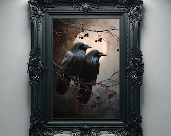 May include: A framed artwork featuring two black crows perched on a branch with red berries, set against a moonlit sky. The ornate black frame adds a gothic aesthetic. The text "GLOOMY SHADOWS GALLERY" is at the bottom.