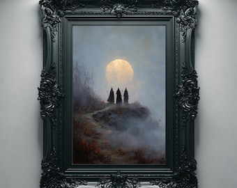 Três Bruxas Sob a Lua Cheia, Pintura Gótica para Imprimir, Arte de Parede, Decoração Cottagecore Sombria