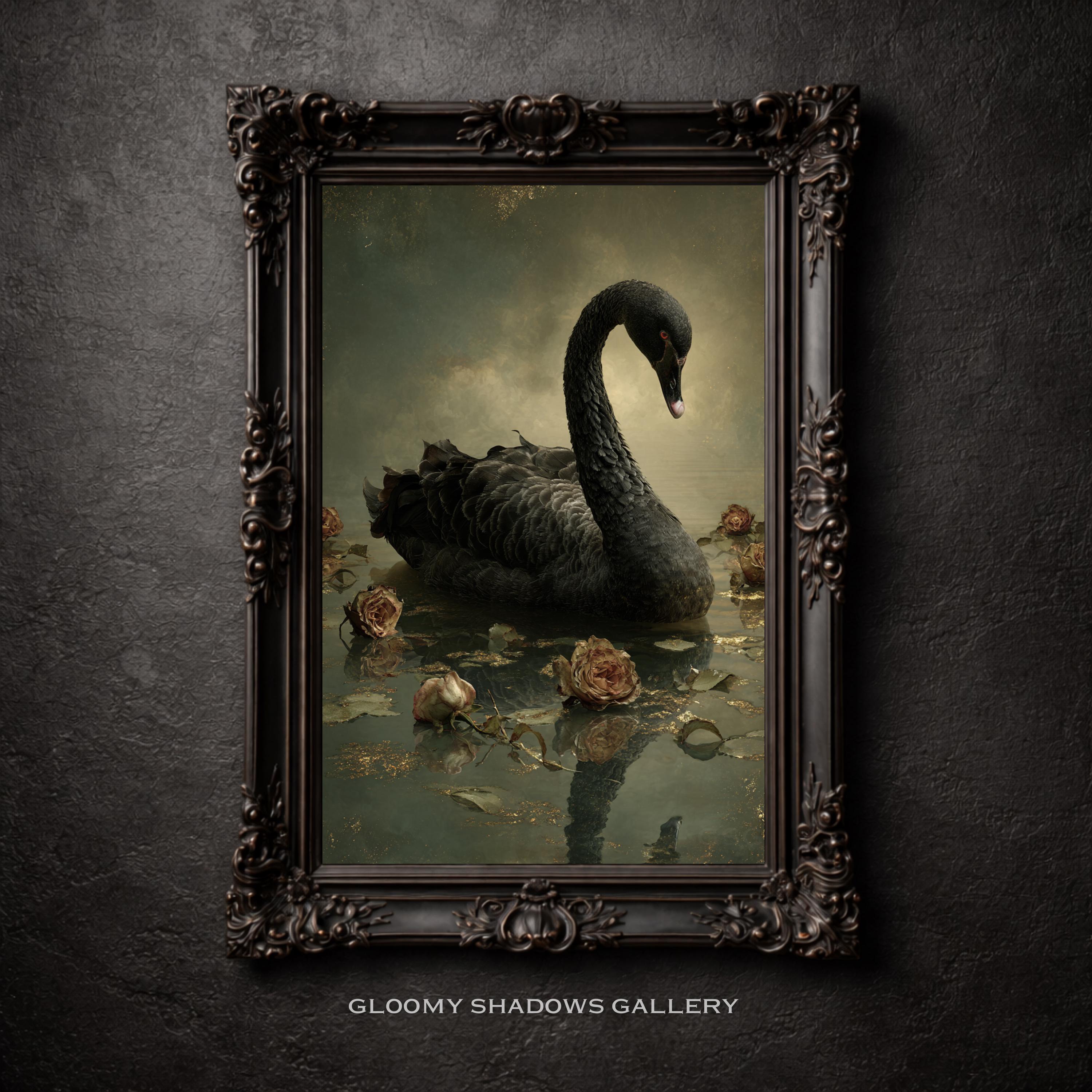 Black Swan Gothic Wall Art, Vintage Floral Lake Scene, Printable