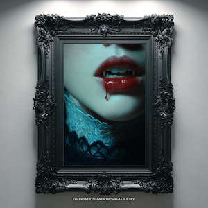 May include: A framed artwork featuring a close-up of a person's mouth with red lips and a drop of blood. The person is wearing a blue lace collar. The frame is black and ornate, with the text "GLOOMY SHADOWS GALLERY" at the bottom.