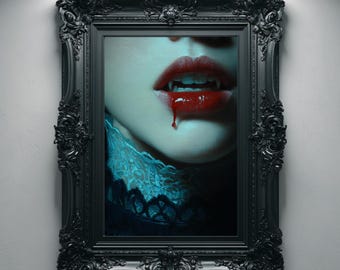 Vampire Fangs Blood Drip Printable Wall Art, Dark Gothic Oil Painting, Dark Academia Decor