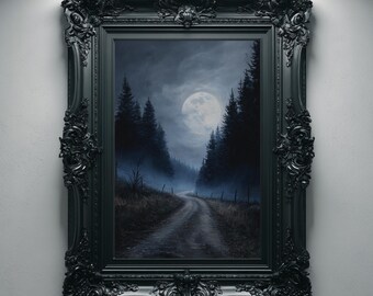 Moonlit Forest Gothic Wall Art, Misty Pine Road Print, Dark Cottagecore Decor, Night Landscape