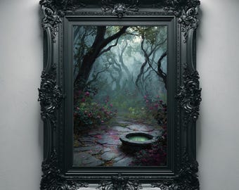 Arte mural gótico de bosque encantado, lámina de jardín de brujas, decoración cottagecore oscura, pintura de pozo místico